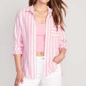 Old Navy Pink Striped Linen-Blend Boyfriend Shirt for Women